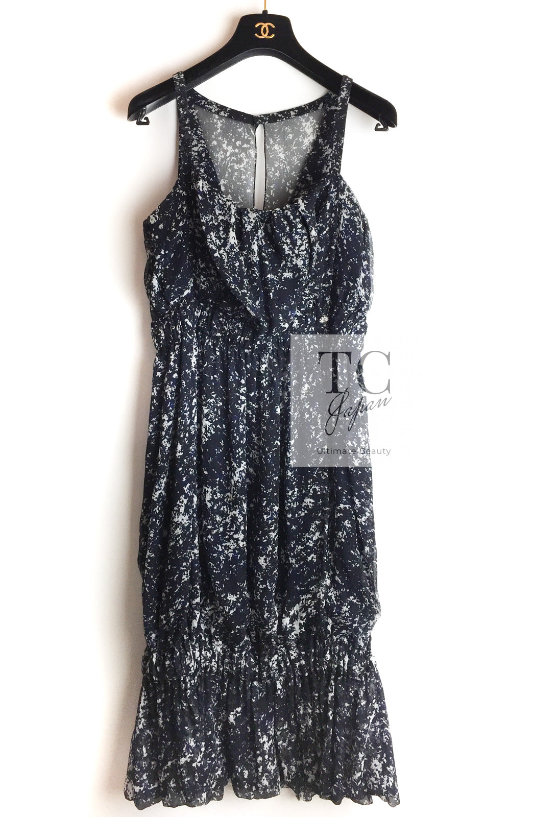 CHANEL 12S Navy Blue Silk Chiffon Dress with Silk Stole 40 シャネル ネイビー ブルー 濃紺 シルク シフォン ワンピース シルク ストール付き
