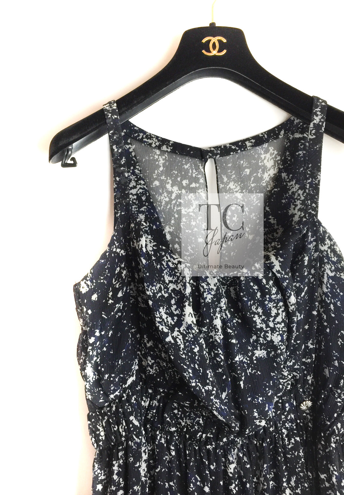 CHANEL 12S Navy Blue Silk Chiffon Dress with Silk Stole 40 シャネル ネイビー ブルー 濃紺 シルク シフォン ワンピース シルク ストール付き