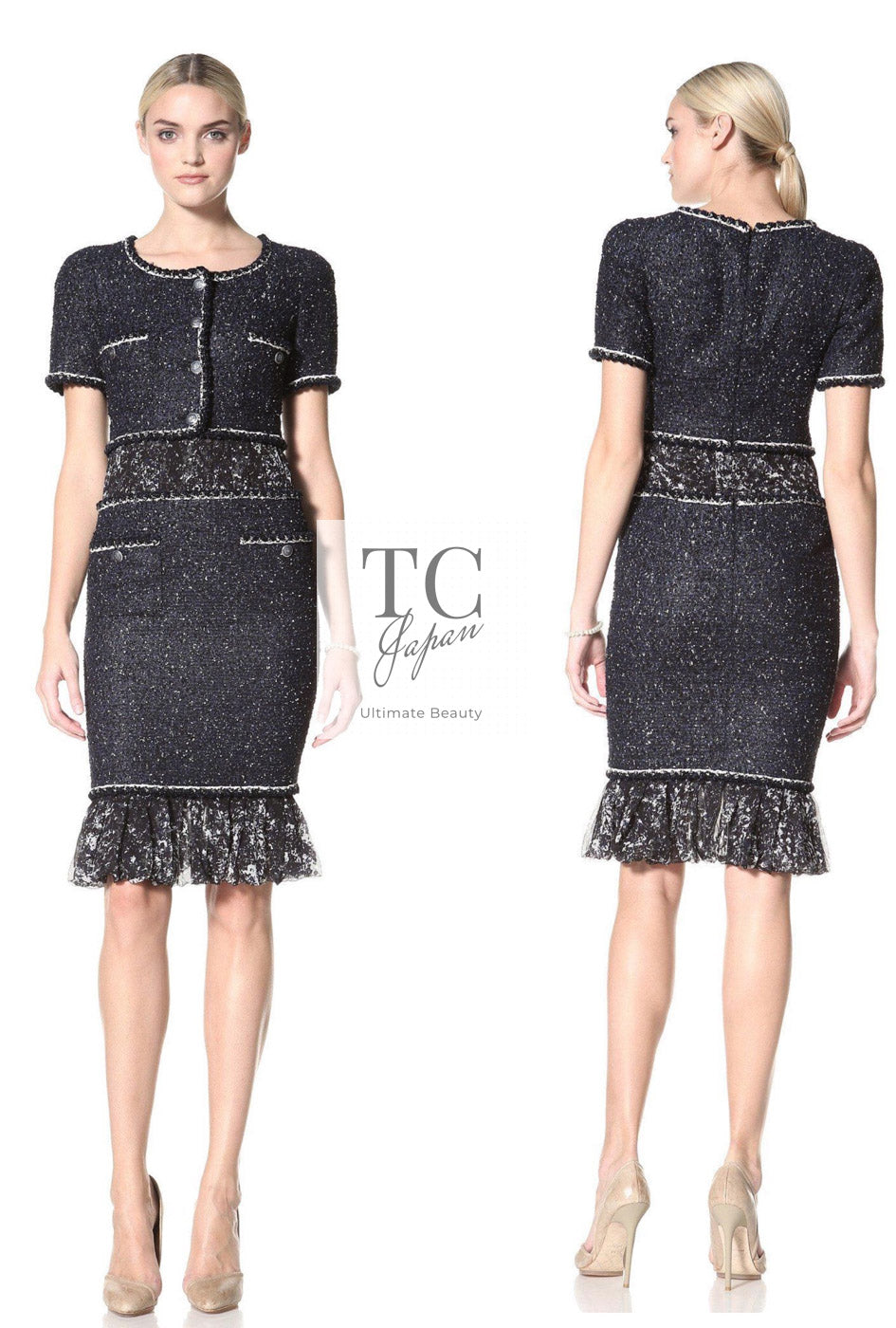 CHANEL 12S Navy Blue Silk Chiffon Dress with Silk Stole 40 シャネル ネイビー ブルー 濃紺 シルク シフォン ワンピース シルク ストール付き
