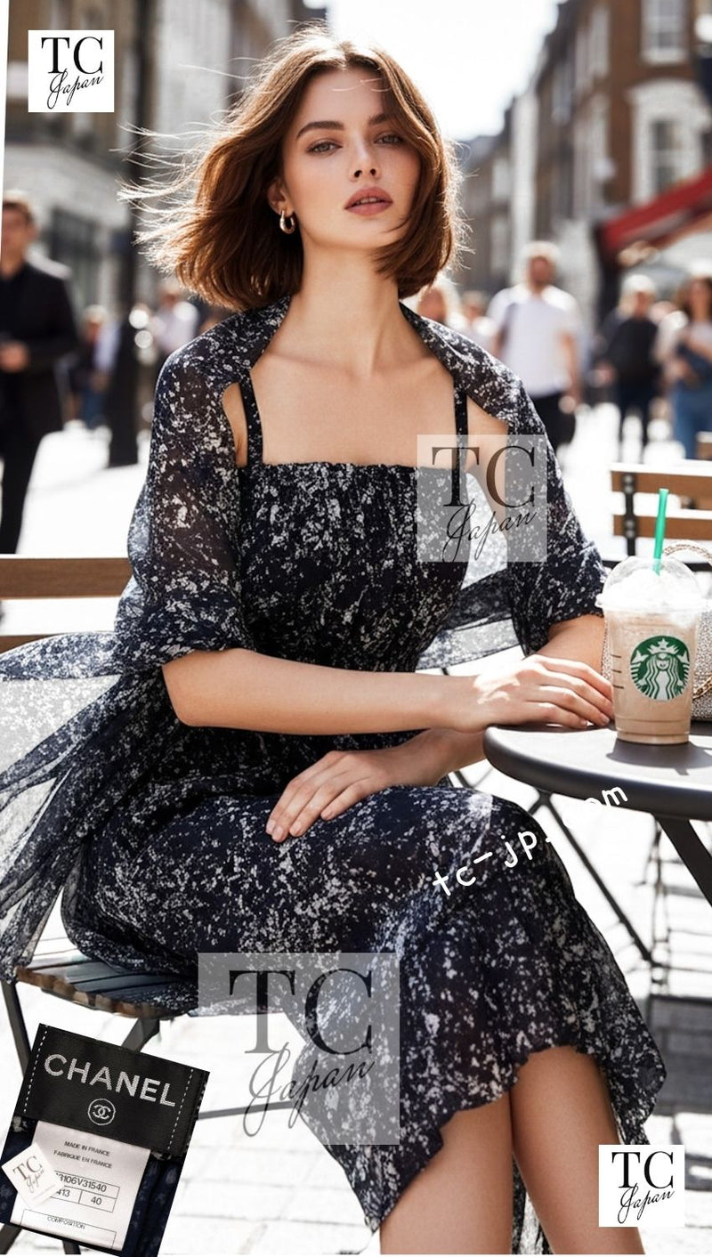 CHANEL 12S Navy Blue Silk Chiffon Dress with Silk Stole 40 シャネル ネイビー ブルー 濃紺 シルク シフォン ワンピース シルク ストール付き