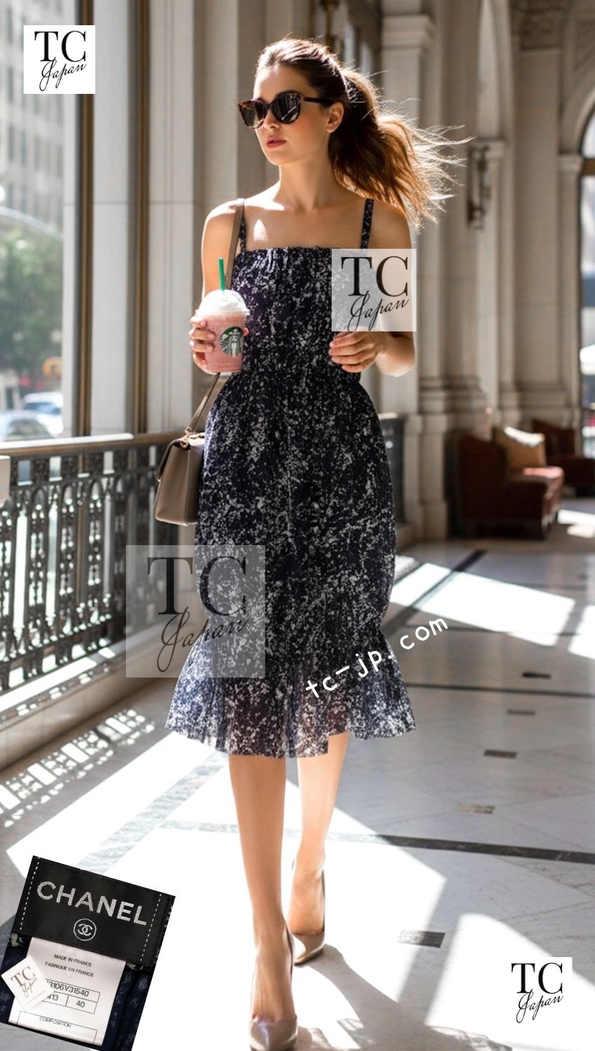 CHANEL 12S Navy Blue Silk Chiffon Dress with Silk Stole 40 シャネル ネイビー ブルー 濃紺 シルク シフォン ワンピース シルク ストール付き