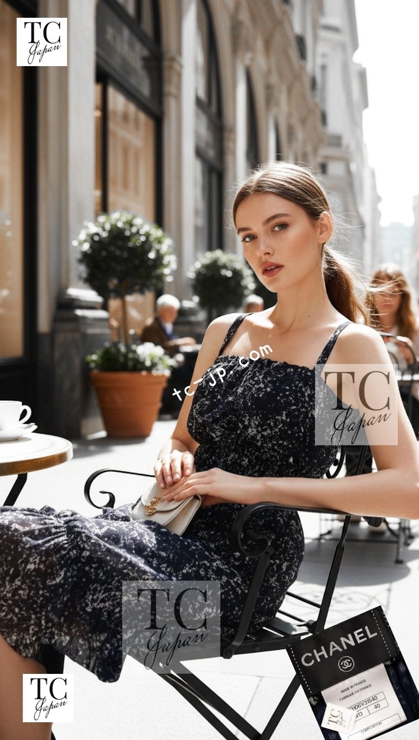 シャネル ワンピース CHANEL 12S ネイビー ブルー シルク シフォン