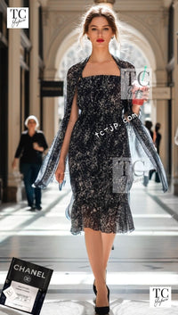 CHANEL 12S Navy Blue Silk Chiffon Dress with Silk Stole 40 シャネル ネイビー ブルー 濃紺 シルク シフォン ワンピース シルク ストール付き