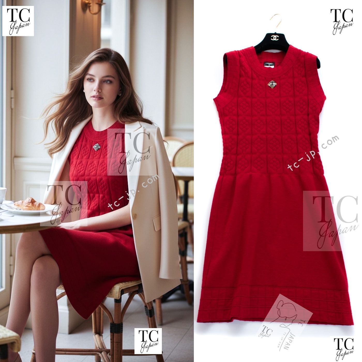 CHANEL 10PF Red Wool Cashmere Camellia Knit Dress 36 38 シャネル レッド ウール カシミヤ ニット ワンピース 即発