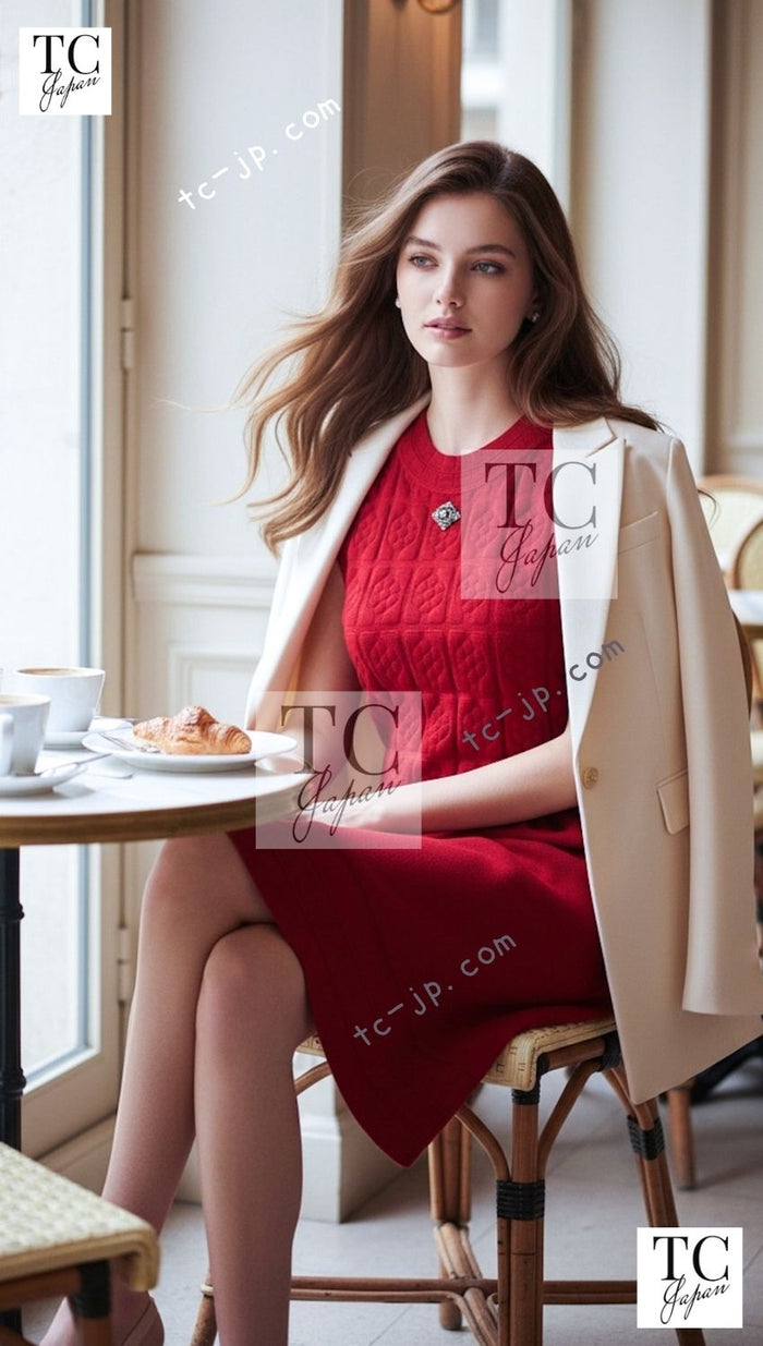 CHANEL 10PF red wool cashmere camellia knit dress
