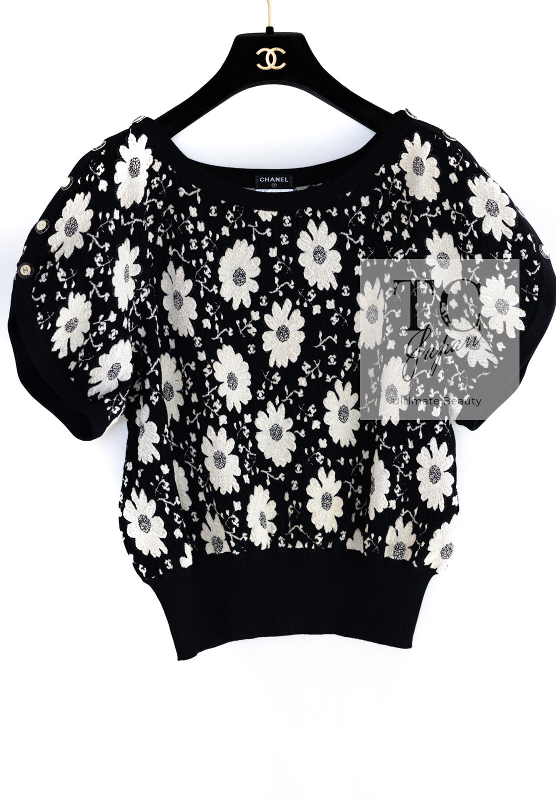 CHANEL 14C Black Ivory Camellia Flower Knit Tops 38 シャネル ブラック アイボリー カメリア 花柄 ニット トップス 即発