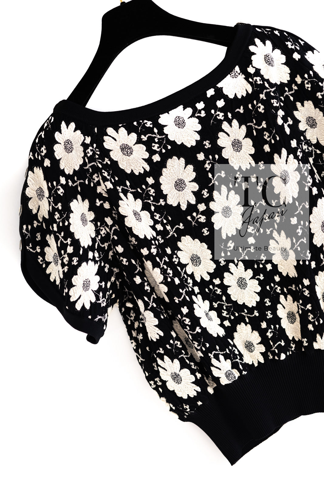 CHANEL 14C Black Ivory Camellia Flower Knit Tops 38 シャネル ブラック アイボリー カメリア 花柄 ニット トップス 即発