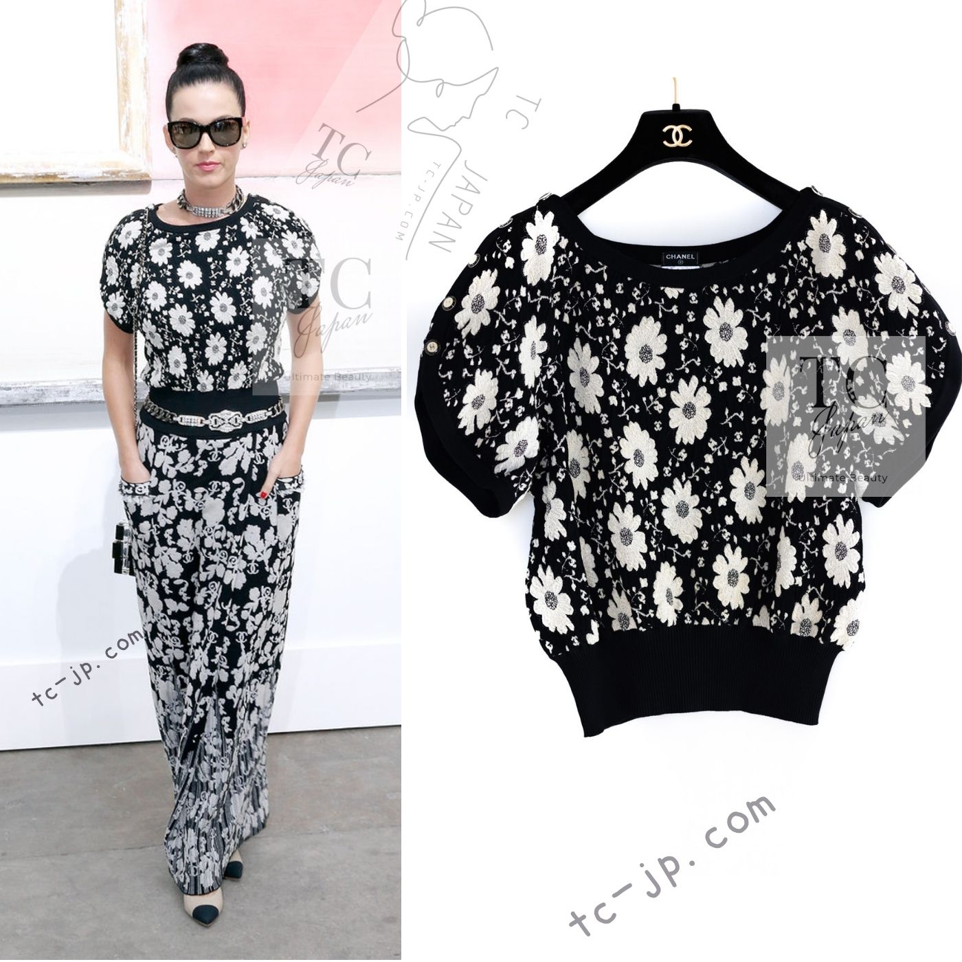CHANEL 14C Black Ivory Camellia Flower Knit Tops 38 シャネル ブラック アイボリー カメリア 花柄 ニット トップス 即発
