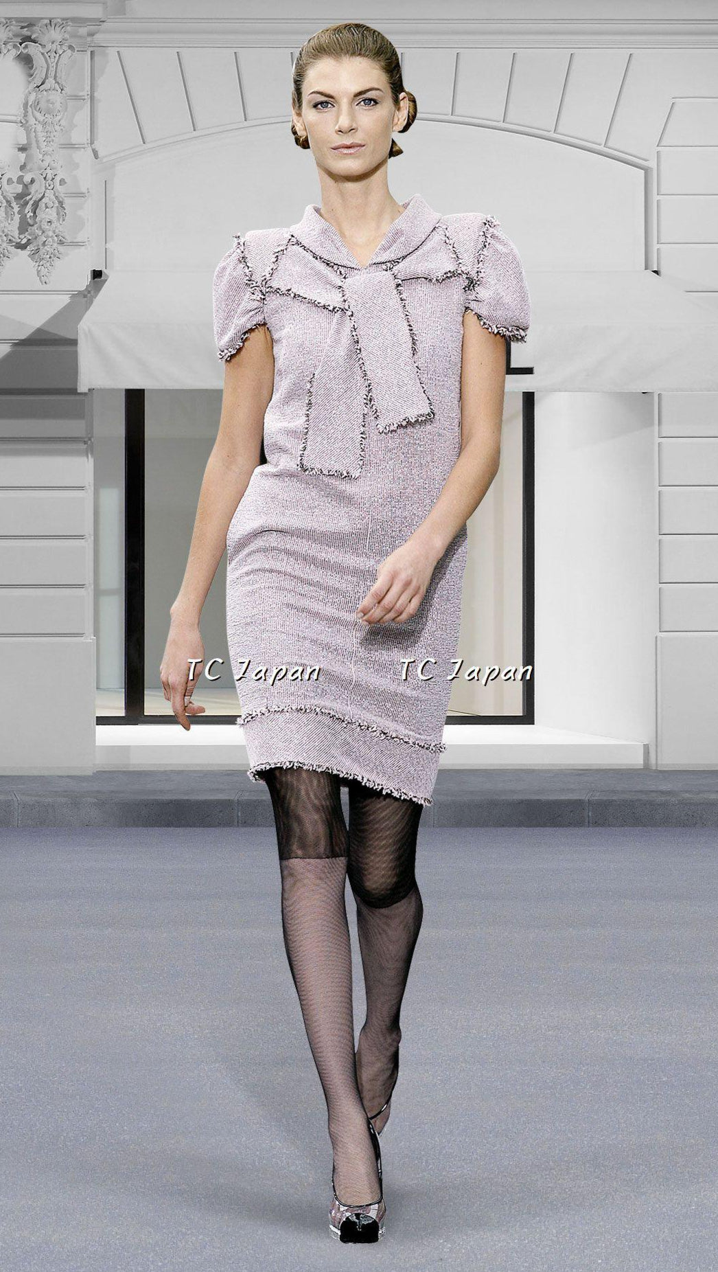CHANEL 09S Black Navy Purple Bow Tweed Dress 38 シャネル ブラック ネイビー パープル リボン ツイード ワンピース 即発