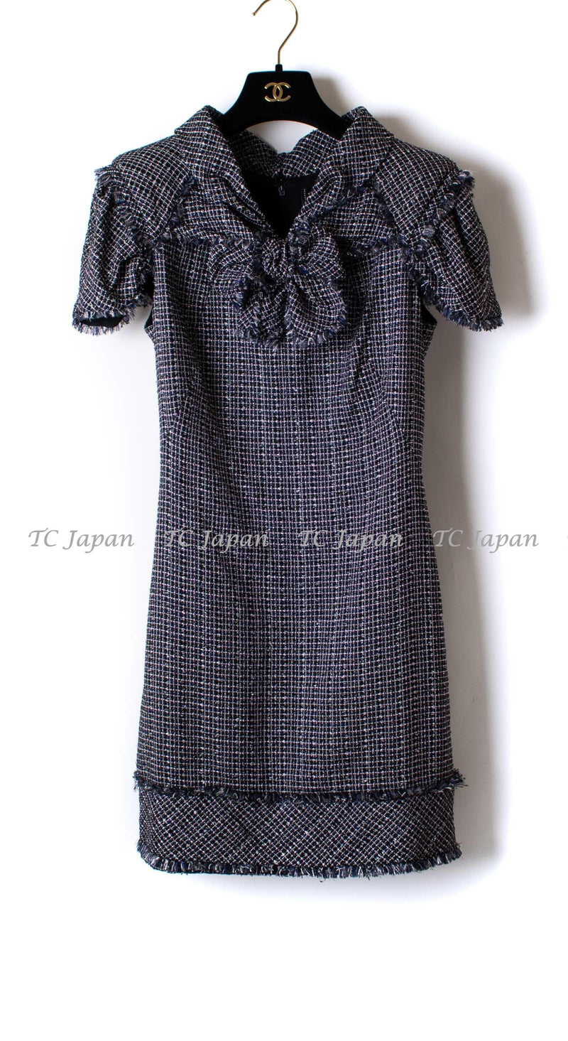 CHANEL 09S Black Navy Purple Bow Tweed Dress 38 シャネル ブラック ネイビー パープル リボン ツイード ワンピース 即発