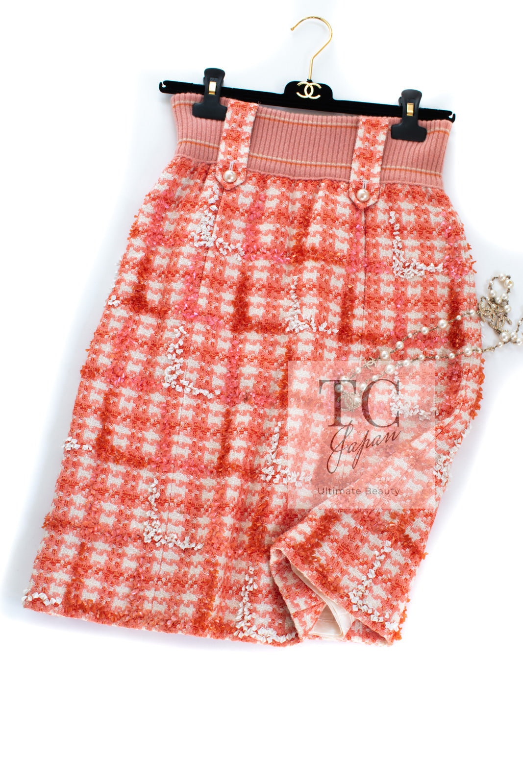 CHANEL 01S Orange Ivory Pearl Button Tweed Skirt 36 シャネル オレンジ アイボリー パール ボタンツイード スカート