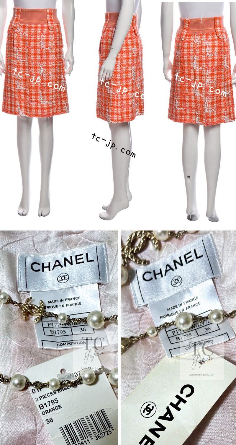 CHANEL 01S Orange Ivory Pearl Button Tweed Skirt 36 シャネル オレンジ アイボリー パール ボタンツイード スカート 即発