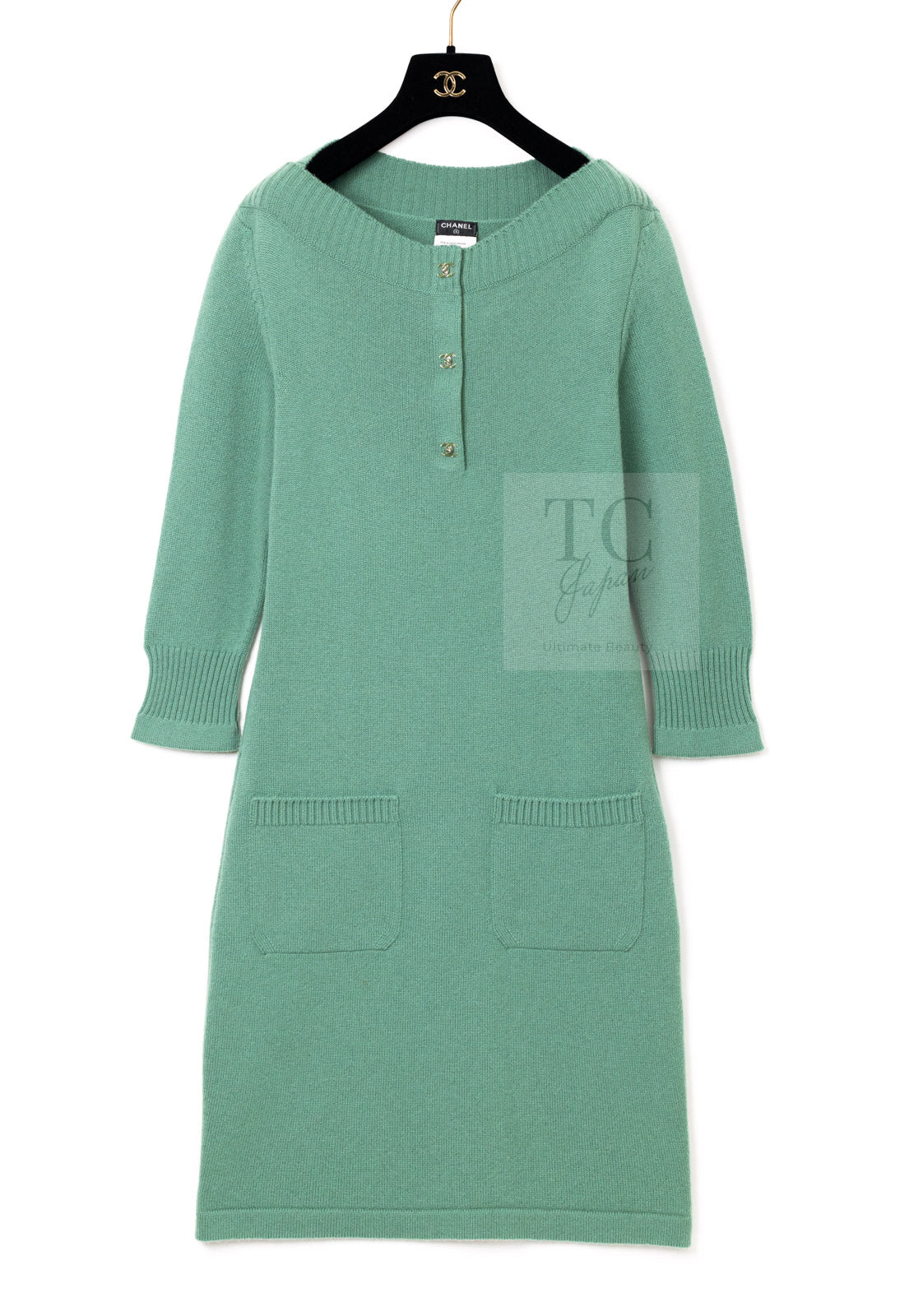 CHANEL 12A Seafoam Green CC Turn Lock Cashmere Knit Dress 38 シャネル シーフォーム グリーン CC ターンロック カシミア ニット ワンピース 即発