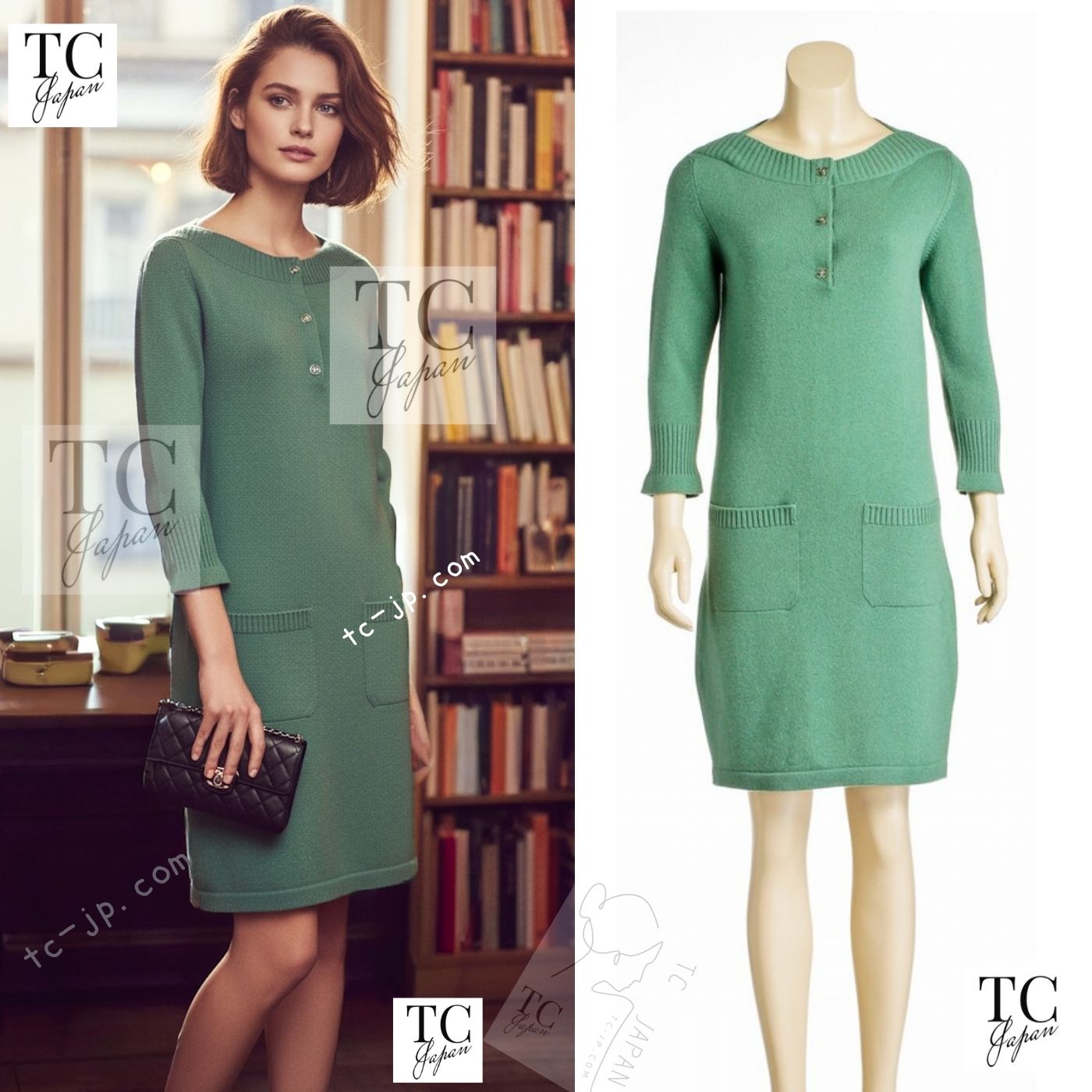 CHANEL 12A Seafoam Green CC Turn Lock Cashmere Knit Dress 38 シャネル シーフォーム グリーン CC ターンロック カシミア ニット ワンピース 即発