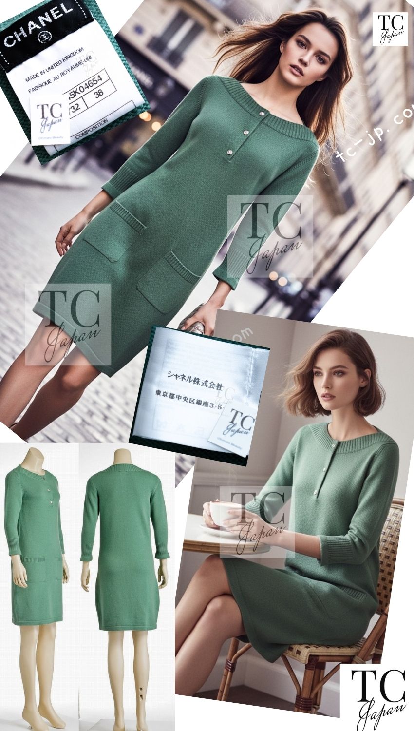 CHANEL 12A Seafoam Green CC Turn Lock Cashmere Knit Dress 38 シャネル シーフォーム グリーン CC ターンロック カシミア ニット ワンピース 即発