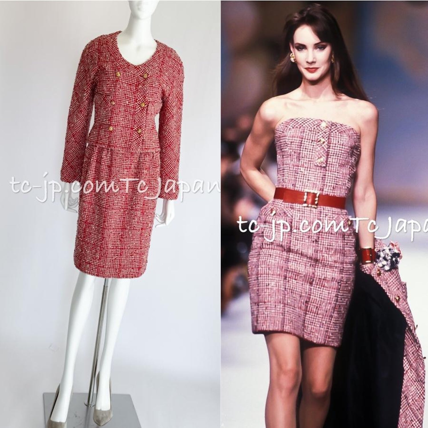 CHANEL 88S Vintage Red Ivory Mademoiselle Buttons Jacket Skirt Suit 36 38 シャネル ヴィンテージ レッド アイボリー マドモアゼル ボタン ツイード ジャケット スカート スーツ 即発 - TC JAPAN