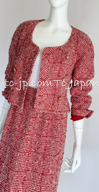 CHANEL 88S Vintage Red Ivory Mademoiselle Buttons Jacket Skirt Suit 36 38 シャネル ヴィンテージ レッド アイボリー マドモアゼル ボタン ツイード ジャケット スカート スーツ 即発