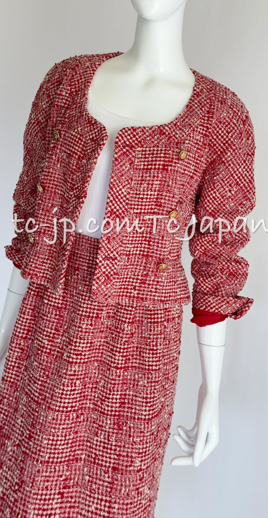 CHANEL 88S Vintage Red Ivory Mademoiselle Buttons Jacket Skirt Suit 36 38 シャネル ヴィンテージ レッド アイボリー マドモアゼル ボタン ツイード ジャケット スカート スーツ 即発