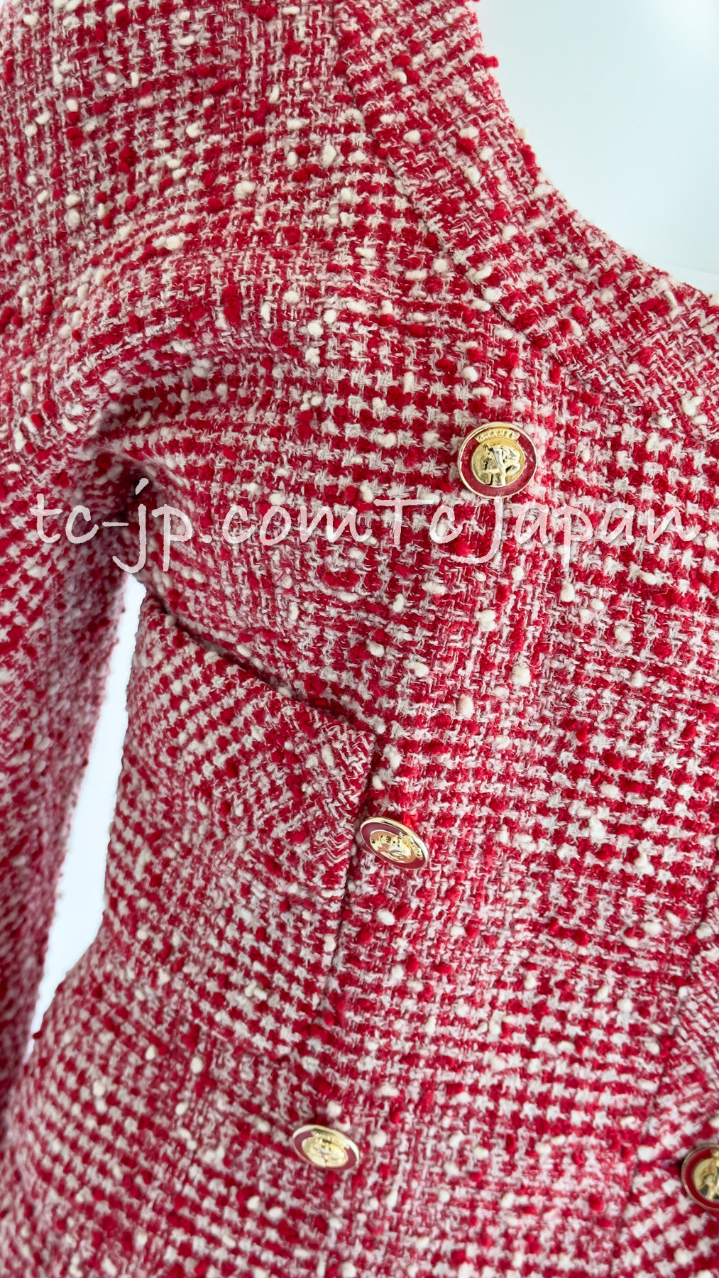 CHANEL 88S Vintage Red Ivory Mademoiselle Buttons Jacket Skirt Suit 36 38 シャネル ヴィンテージ レッド アイボリー マドモアゼル ボタン ツイード ジャケット スカート スーツ 即発