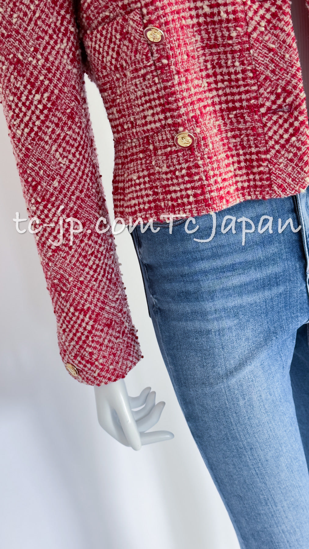 CHANEL 88S Vintage Red Ivory Mademoiselle Buttons Jacket Skirt Suit 36 38 シャネル ヴィンテージ レッド アイボリー マドモアゼル ボタン ツイード ジャケット スカート スーツ 即発