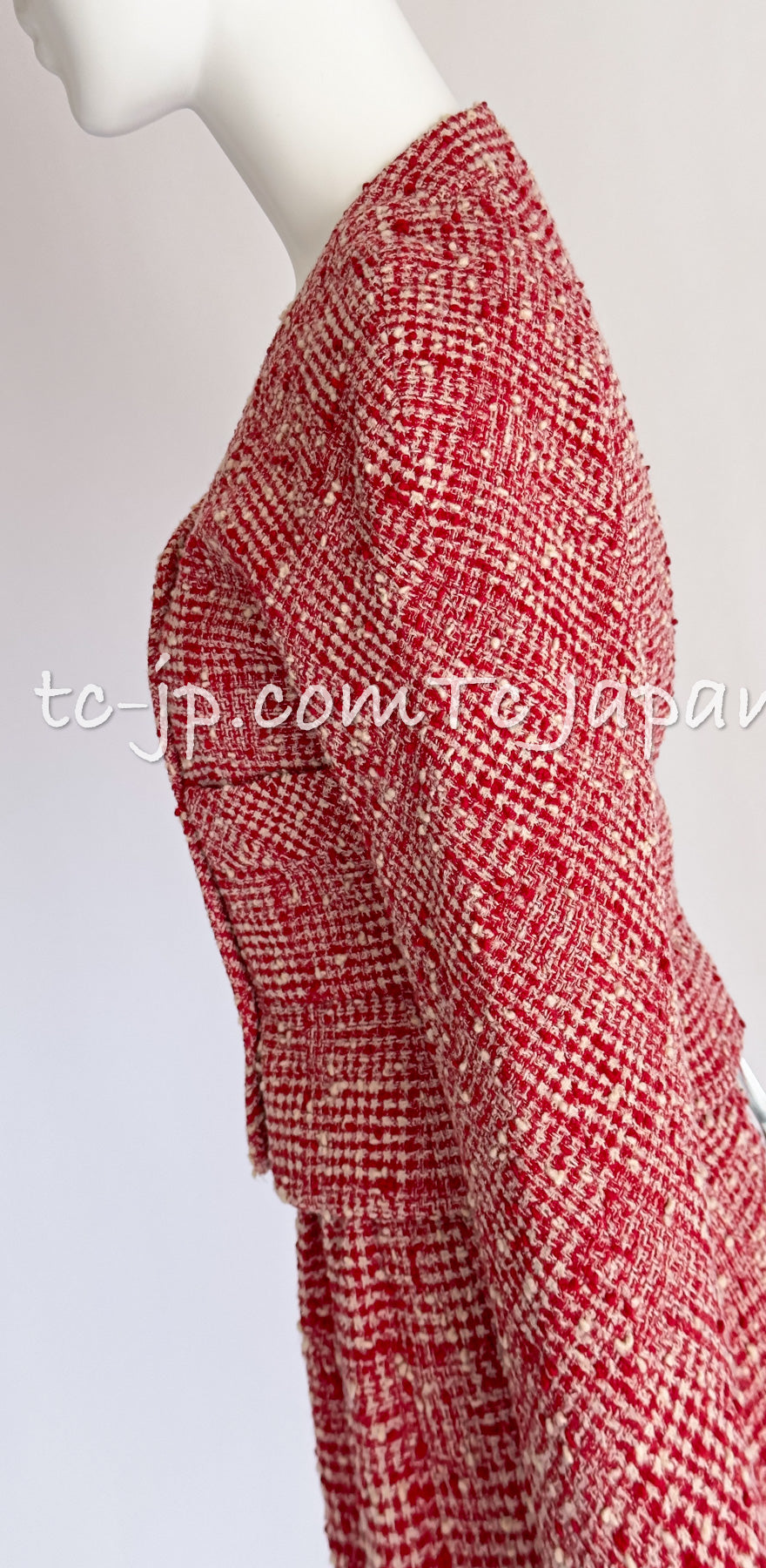 CHANEL 88S Vintage Red Ivory Mademoiselle Buttons Jacket Skirt Suit 36 38 シャネル ヴィンテージ レッド アイボリー マドモアゼル ボタン ツイード ジャケット スカート スーツ 即発