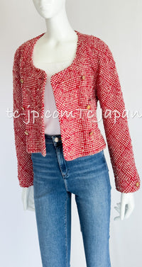CHANEL 88S Vintage Red Ivory Mademoiselle Buttons Jacket Skirt Suit 36 38 シャネル ヴィンテージ レッド アイボリー マドモアゼル ボタン ツイード ジャケット スカート スーツ 即発