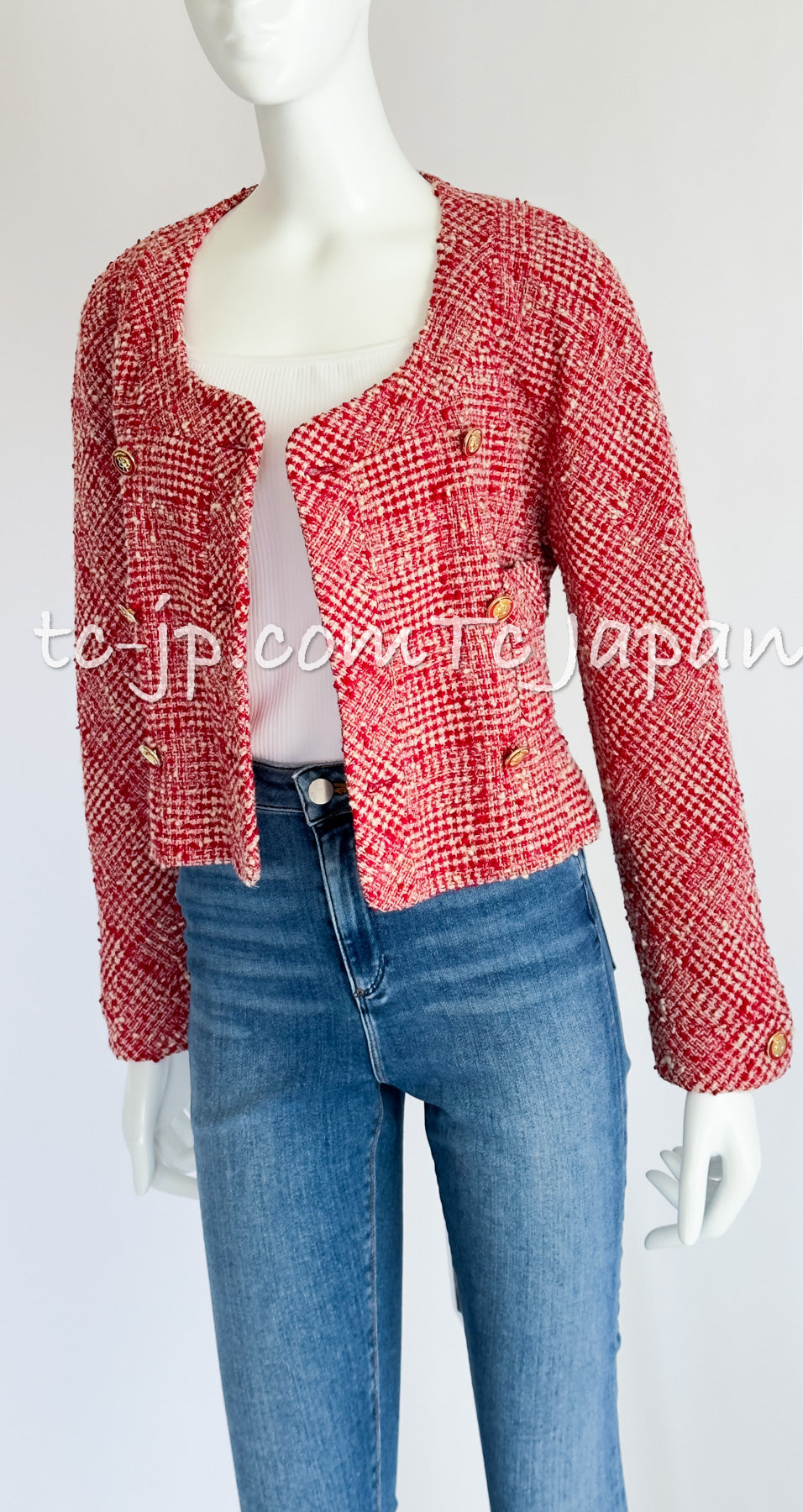 CHANEL 88S Vintage Red Ivory Mademoiselle Buttons Jacket Skirt Suit 36 38 シャネル ヴィンテージ レッド アイボリー マドモアゼル ボタン ツイード ジャケット スカート スーツ 即発