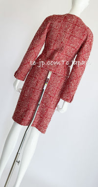 CHANEL 88S Vintage Red Ivory Mademoiselle Buttons Jacket Skirt Suit 36 38 シャネル ヴィンテージ レッド アイボリー マドモアゼル ボタン ツイード ジャケット スカート スーツ 即発