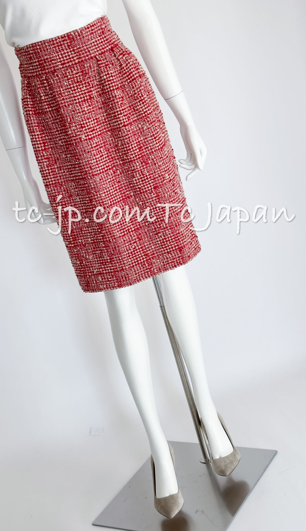 CHANEL 88S Vintage Red Ivory Mademoiselle Buttons Jacket Skirt Suit 36 38 シャネル ヴィンテージ レッド アイボリー マドモアゼル ボタン ツイード ジャケット スカート スーツ 即発