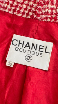 CHANEL 88S Vintage Red Ivory Mademoiselle Buttons Jacket Skirt Suit 36 38 シャネル ヴィンテージ レッド アイボリー マドモアゼル ボタン ツイード ジャケット スカート スーツ 即発
