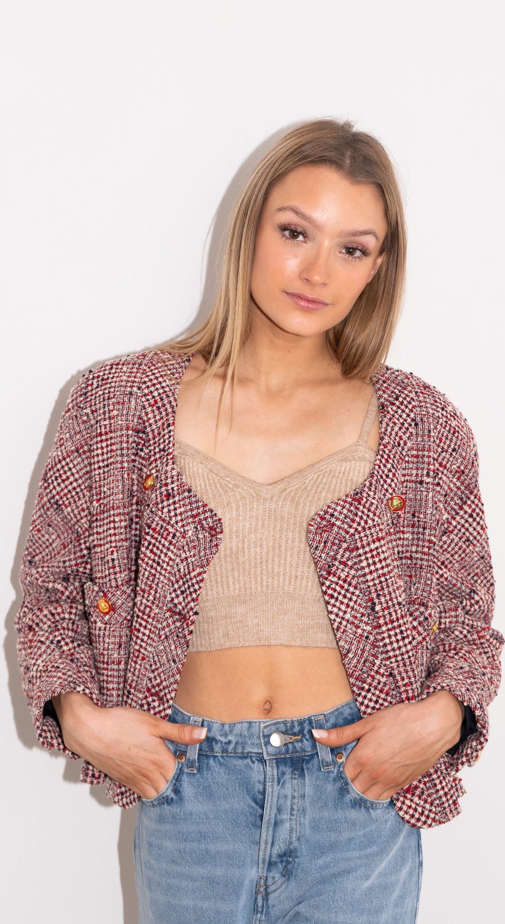 CHANEL 88S Vintage Red Ivory Mademoiselle Buttons Jacket Skirt Suit 36 38 シャネル ヴィンテージ レッド アイボリー マドモアゼル ボタン ツイード ジャケット スカート スーツ 即発