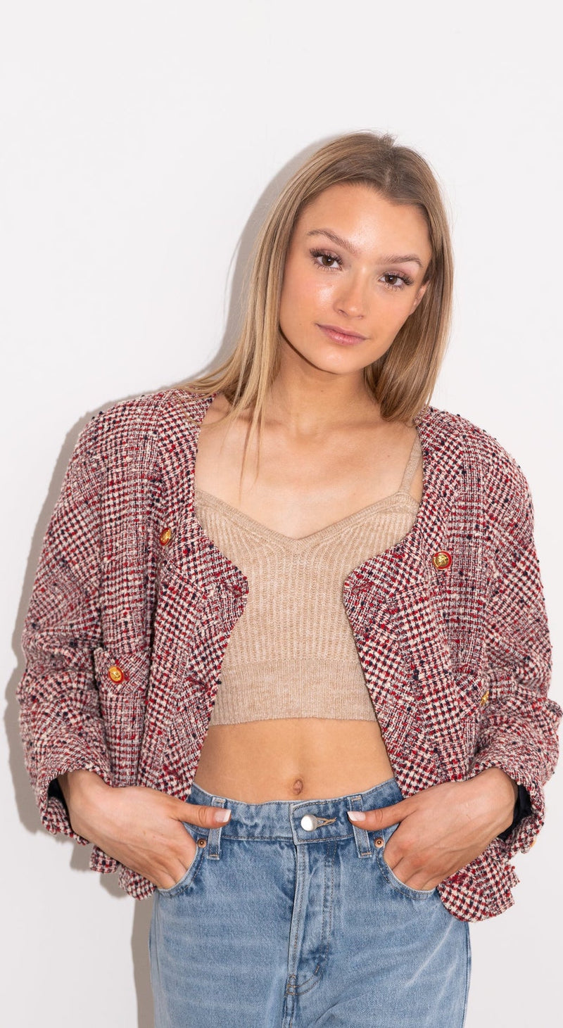 CHANEL 88S Vintage Red Ivory Mademoiselle Buttons Jacket Skirt Suit 36 38 シャネル ヴィンテージ レッド アイボリー マドモアゼル ボタン ツイード ジャケット スカート スーツ 即発