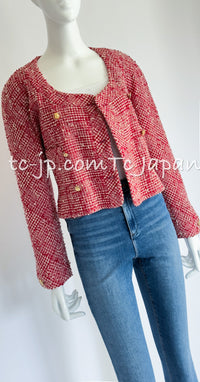 CHANEL 88S Vintage Red Ivory Mademoiselle Buttons Jacket Skirt Suit 36 38 シャネル ヴィンテージ レッド アイボリー マドモアゼル ボタン ツイード ジャケット スカート スーツ 即発