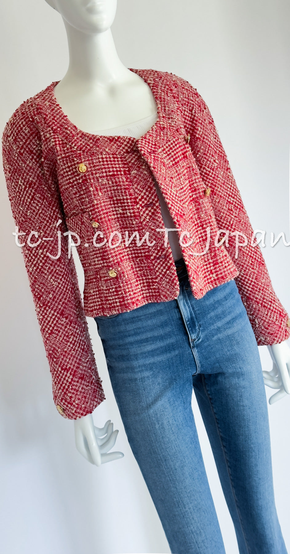 CHANEL 88S Vintage Red Ivory Mademoiselle Buttons Jacket Skirt Suit 36 38 シャネル ヴィンテージ レッド アイボリー マドモアゼル ボタン ツイード ジャケット スカート スーツ 即発