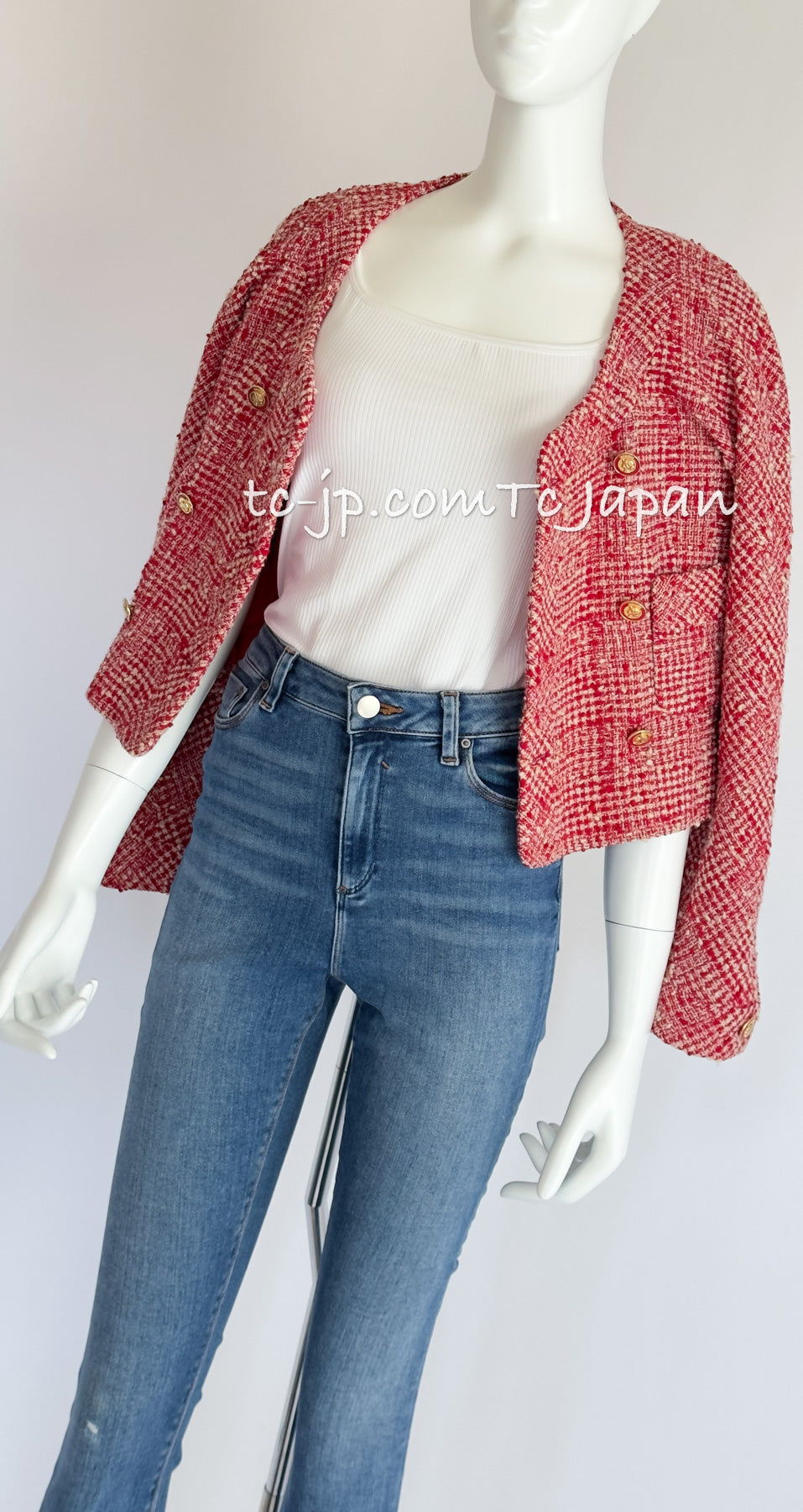 CHANEL 88S Vintage Red Ivory Mademoiselle Buttons Jacket Skirt Suit 36 38 シャネル ヴィンテージ レッド アイボリー マドモアゼル ボタン ツイード ジャケット スカート スーツ 即発