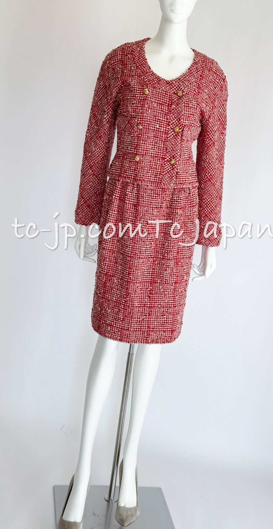 CHANEL 88S Vintage Red Ivory Mademoiselle Buttons Jacket Skirt Suit 36 38 シャネル ヴィンテージ レッド アイボリー マドモアゼル ボタン ツイード ジャケット スカート スーツ 即発