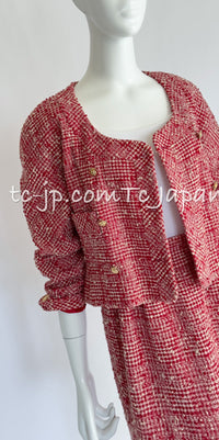 CHANEL 88S Vintage Red Ivory Mademoiselle Buttons Jacket Skirt Suit 36 38 シャネル ヴィンテージ レッド アイボリー マドモアゼル ボタン ツイード ジャケット スカート スーツ 即発