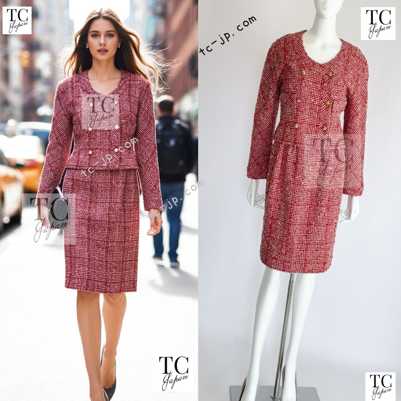 CHANEL 88S Vintage Red Ivory Mademoiselle Buttons Jacket Skirt Suit 36 38 シャネル ヴィンテージ レッド アイボリー マドモアゼル ボタン ツイード ジャケット スカート スーツ 即発