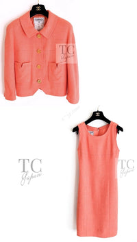 CHANEL 91C Vintage Apricot Gold Button Cotton Jacket Dress Setup 34 36 38 シャネル ヴィンテージ アプリコット CC ゴールド ボタン コットン ジャケット ワンピース セットアップ 即発