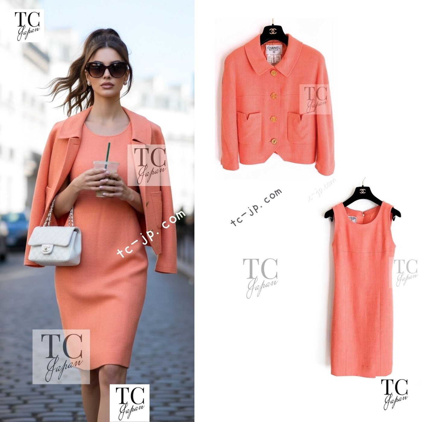 CHANEL 91C Vintage Apricot Gold Button Cotton Jacket Dress Setup 34 36 38 シャネル ヴィンテージ アプリコット CC ゴールド ボタン コットン ジャケット ワンピース セットアップ 即発