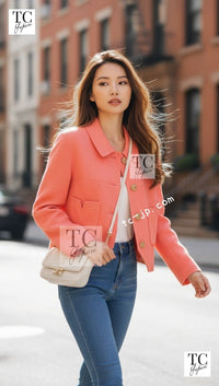 CHANEL 91C Vintage Apricot Gold Button Cotton Jacket Dress Setup 34 36 38 シャネル ヴィンテージ アプリコット CC ゴールド ボタン コットン ジャケット ワンピース セットアップ 即発