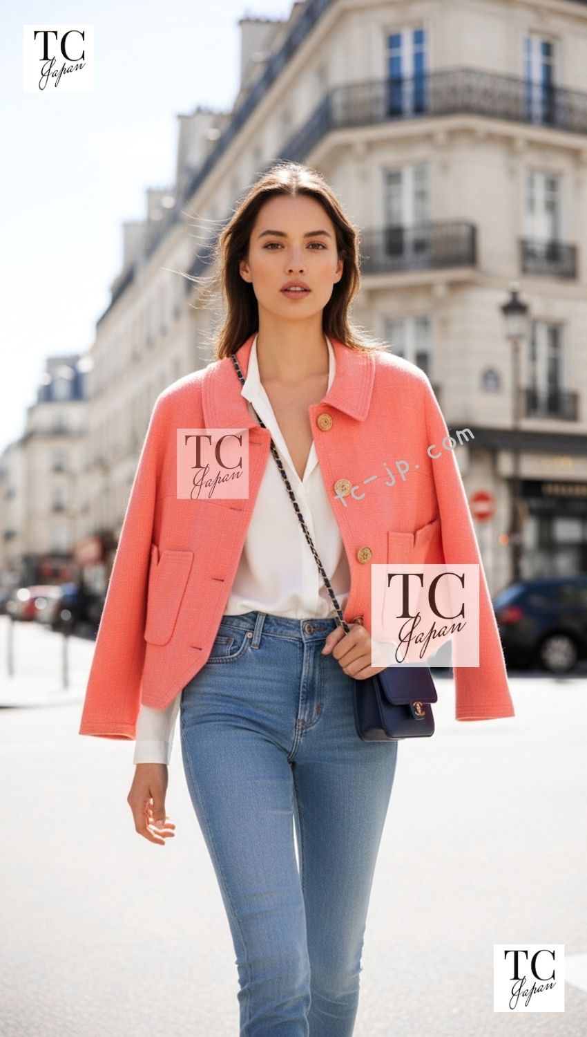 CHANEL 91C Vintage Apricot Gold Button Cotton Jacket Dress Setup 34 36 38 シャネル ヴィンテージ アプリコット CC ゴールド ボタン コットン ジャケット ワンピース セットアップ 即発