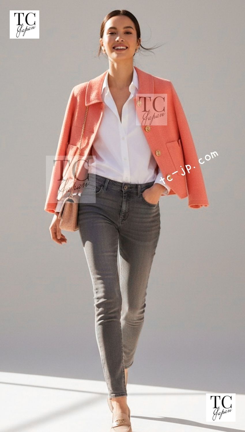 CHANEL 91C Vintage Apricot Gold Button Cotton Jacket Dress Setup 34 36 38 シャネル ヴィンテージ アプリコット CC ゴールド ボタン コットン ジャケット ワンピース セットアップ 即発