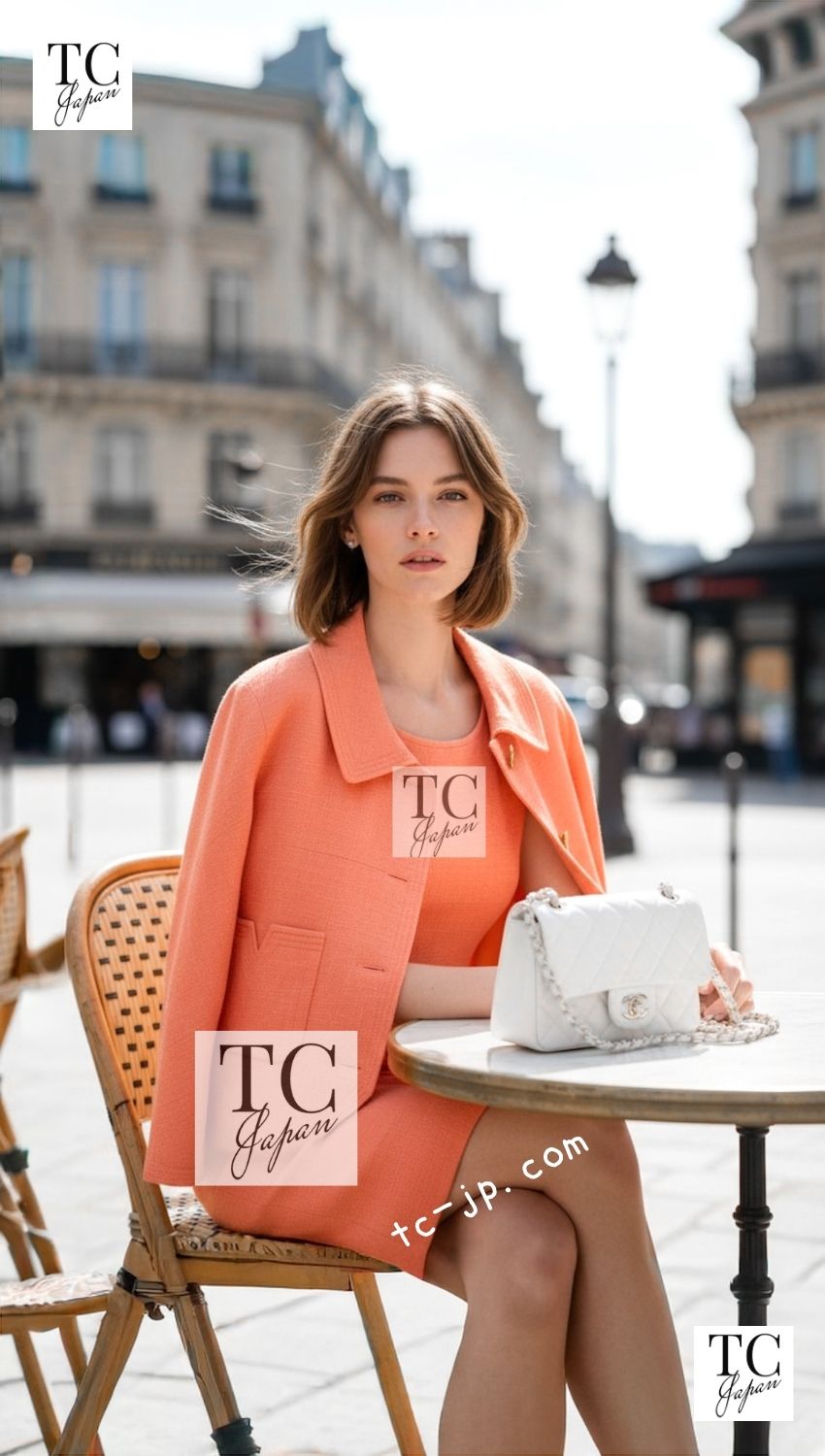 CHANEL 91C Vintage Apricot Gold Button Cotton Jacket Dress Setup 34 36 38 シャネル ヴィンテージ アプリコット CC ゴールド ボタン コットン ジャケット ワンピース セットアップ 即発