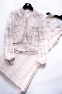 CHANEL 04C White Candy Mix Frill Trimmed Tweed Jacket Dress 36 38 シャネル ホワイト キャンディー ミックス フリル トリム ツイード ジャケット ワンピース スーツ セットアップ 即発