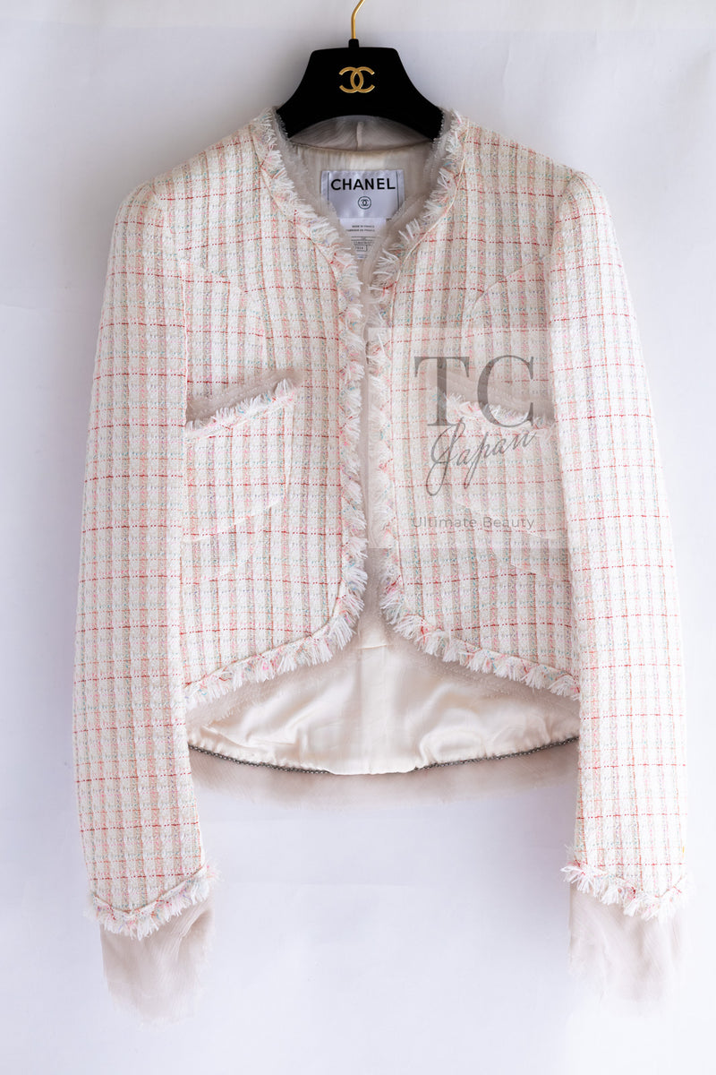 CHANEL 04C White Candy Mix Frill Trimmed Tweed Jacket Dress 36 38 シャネル ホワイト キャンディー ミックス フリル トリム ツイード ジャケット ワンピース スーツ セットアップ 即発