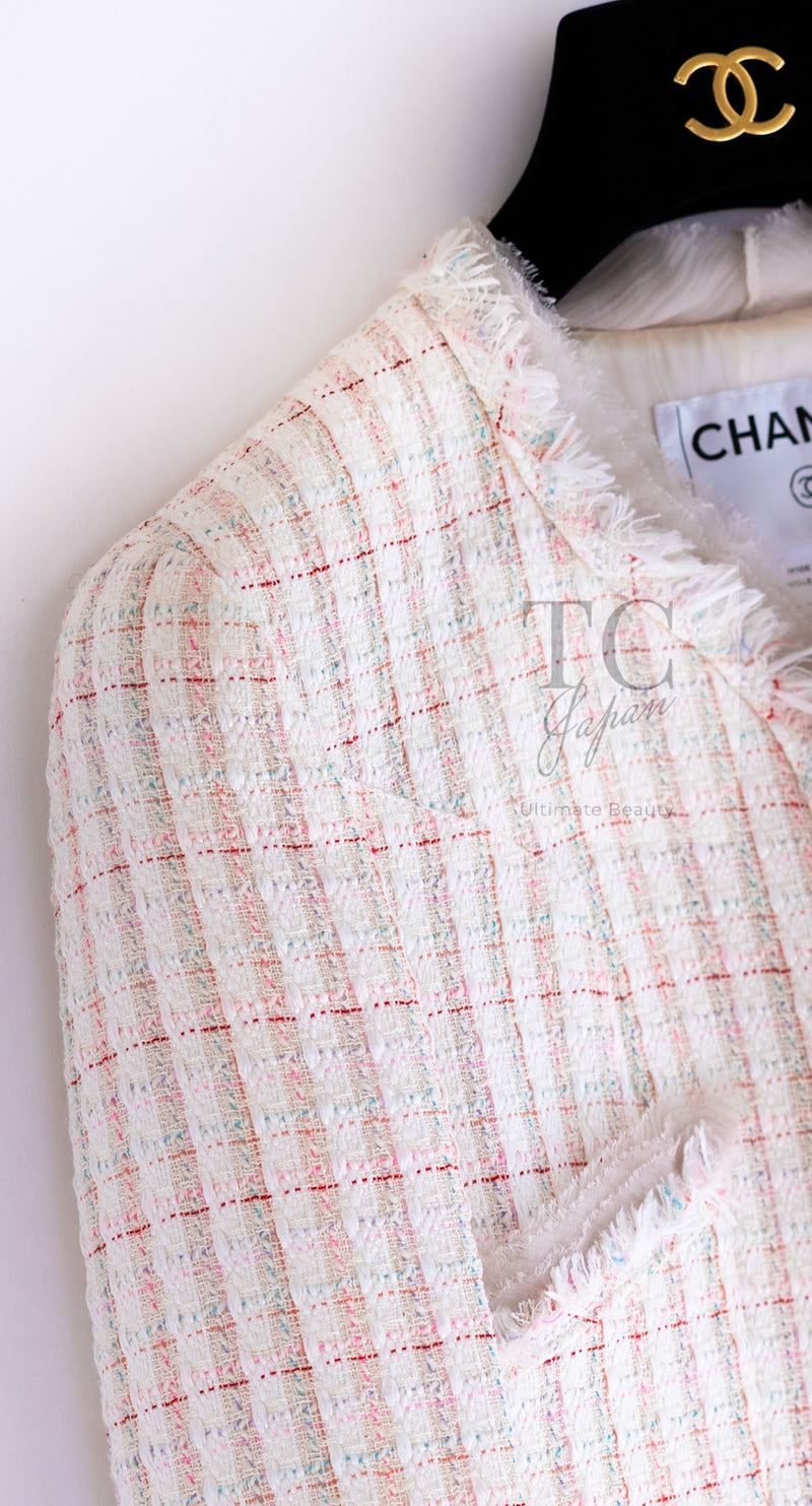 CHANEL 04C White Candy Mix Frill Trimmed Tweed Jacket Dress 36 38 シャネル ホワイト キャンディー ミックス フリル トリム ツイード ジャケット ワンピース スーツ セットアップ 即発