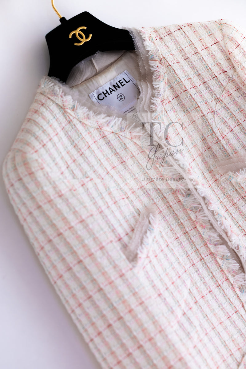 CHANEL 04C White Candy Mix Frill Trimmed Tweed Jacket Dress 36 38 シャネル ホワイト キャンディー ミックス フリル トリム ツイード ジャケット ワンピース スーツ セットアップ 即発