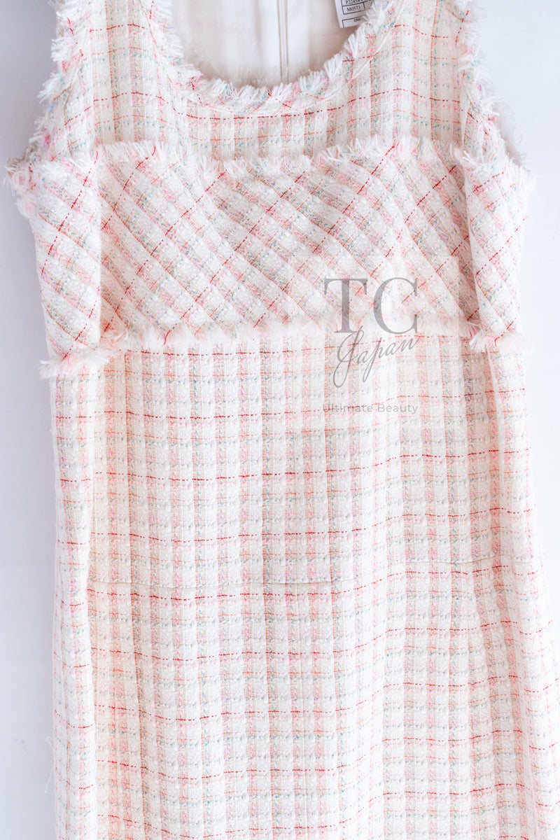 CHANEL 04C White Candy Mix Frill Trimmed Tweed Jacket Dress 36 38 シャネル ホワイト キャンディー ミックス フリル トリム ツイード ジャケット ワンピース スーツ セットアップ 即発