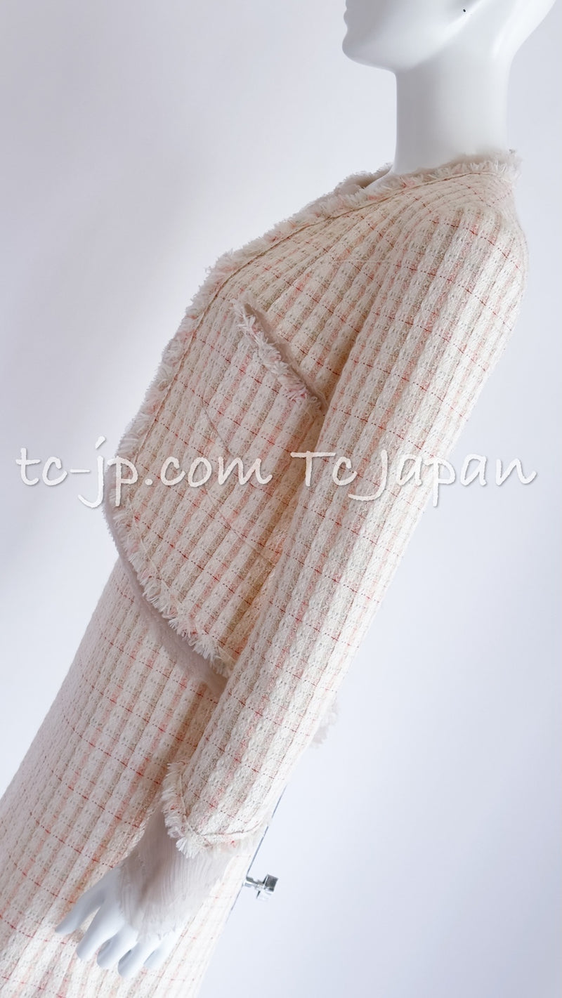 CHANEL 04C White Candy Mix Frill Trimmed Tweed Jacket Dress 36 38 シャネル ホワイト キャンディー ミックス フリル トリム ツイード ジャケット ワンピース スーツ セットアップ 即発